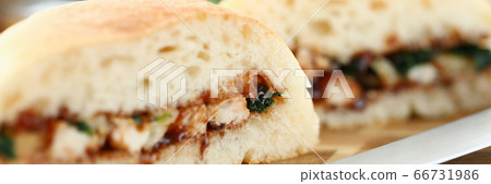 Close up sliced white bun with meat and sauce Close up sliced white bun with meat and sauce 66731986