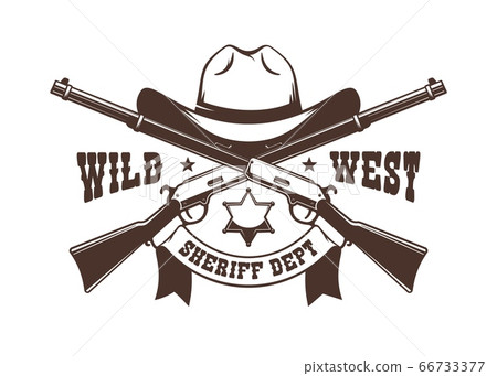 Crossed rifles and Cowboy hat with sheriff star - western retro logo Crossed rifles and Cowboy hat with sheriff star - western retro logo 66733377