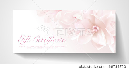 Gift certificate, Voucher with realistic pink magnolia flower bouquet. Blank background template useful for wedding design, invitation card or coupon Gift certificate, Voucher with realistic pink magnolia flower bouquet. Blank background template useful for wedding design, invitation card or coupon 66733720
