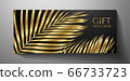 Gift Voucher/ Gift certificate with exotic gold luxe palm branch isolated on black background. Tropical premium template useful for vip invitation, golden coupon design 66733723