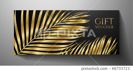 Gift Voucher/ Gift certificate with exotic gold luxe palm branch isolated on black background. Tropical premium template useful for vip invitation, golden coupon design Gift Voucher/ Gift certificate with exotic gold luxe palm branch isolated on black background. Tropical premium template useful for vip invitation, golden coupon design 66733723