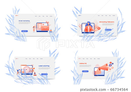 Flat cartoon icon set with email marketing business landing page template for concept design with characters. 66734564