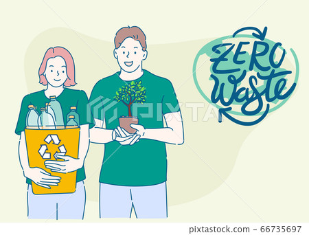 Cheerful men and women hold a plastic container and a small tree. Concept of deforestation, Ecology, Conservation,Recycling and Sustainability.  66735697