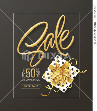Realistic metallic gold inscription Sale on the background with a gift box and a golden bow. Design template for banner, voucher, poster, flyer. Vector illustration 66735858