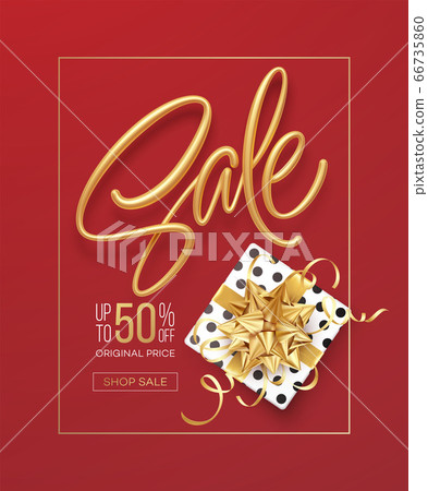 Realistic metallic gold inscription Sale on the background with a gift box and a golden bow. Design template for banner, voucher, poster, flyer. Vector illustration 66735860