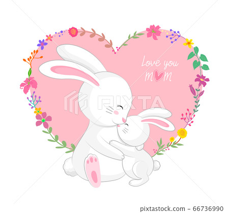 Cute cartoon mom and kid with heart and flower frame. 66736990