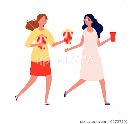 Girlfriends meeting. Women with popcorn and drinks. Isolated cinema visitors, flat female characters on weekend entertaiment vector illustration 66737301