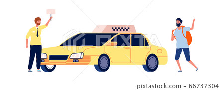 Driver and traveler. Tourist catches taxi, man stop yellow car. Travel or city tour, taxi service vector illustration Driver and traveler. Tourist catches taxi, man stop yellow car. Travel or city tour, taxi service vector illustration 66737304