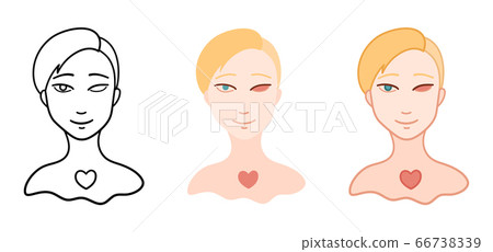 Portrait of girl without eye in different styles set. Body positive. 66738339