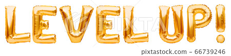 Words LEVEL UP made of golden inflatable balloons 66739246