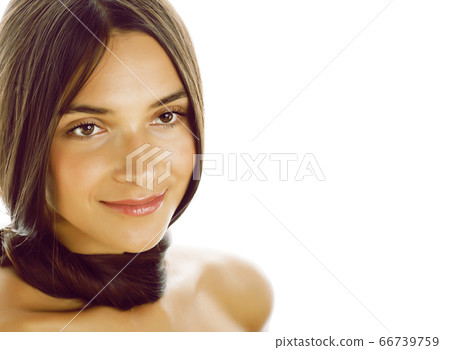 young fresh brunette tann girl with beauty hairstyle isolated on white closeup, soft spa face young fresh brunette tann girl with beauty hairstyle isolated on white closeup, soft spa face 66739759