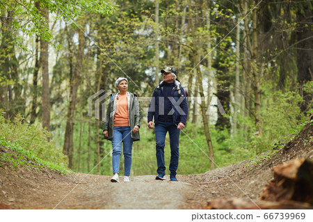Senior Couple Enjoying Walk in Forest Senior Couple Enjoying Walk in Forest 66739969