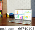 Enterprise financial report with graphs and charts on a screen of modern laptop. Wooden table with a shelf and books on accounting. Frame with a picture. Profit growth. 3d render 66740103