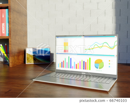 Enterprise financial report with graphs and charts on a screen of modern laptop. Wooden table with a shelf and books on accounting. Frame with a picture. Profit growth. 3d render 66740103