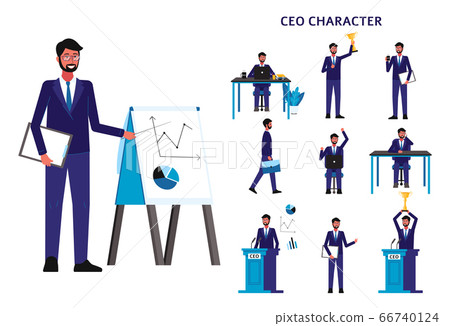 Cartoon CEO businessman set - isolated man in business suit in different poses 66740124