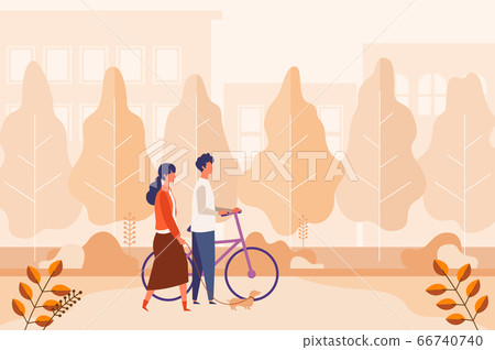 . Couple spending autumn holidays in city park, footpath . Couple spending autumn holidays in city park, footpath 66740740