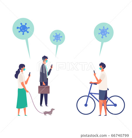 男人和女人檢查智能手機冠狀病毒的插圖 66740799