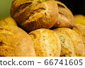 Fresh baked loaves of bread lying on the shelf in grocery store. Flavorful bakery in supermarket. Retail shop, food. 66741605
