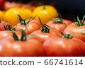 Bunch of fresh red and yellow tomatoes in grocery. Close-up of organic healthful food in supermarket. Assortment, healthful food, healthy eating. 66741614