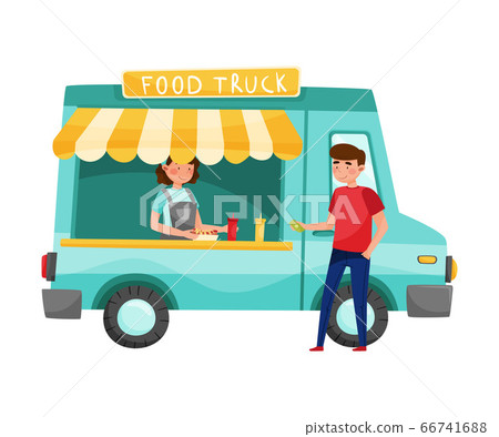 Food Truck With Awning And Woman Vendor Selling Stock Illustration 66741688 Pixta