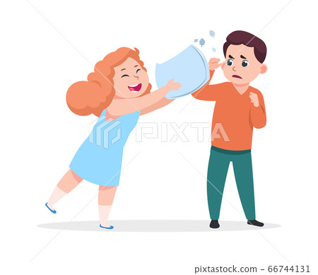 Pillow fight. Cheerful girl beats displeased boy. Aggression, bad manners and evil games. Child misbehavior, preschool kids vector illustration 66744131