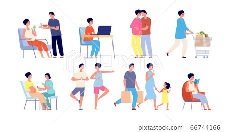Pregnant couple. Relaxing yoga, pregnancy stretching gymnastics poses. Waiting baby daily routine, happy husband hugging wife vector set Pregnant couple. Relaxing yoga, pregnancy stretching gymnastics poses. Waiting baby daily routine, happy husband hugging wife vector set 66744166