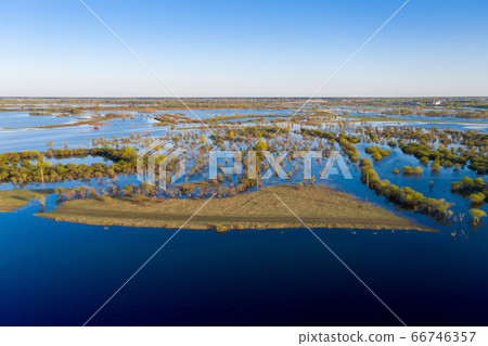 Scenic aerial view of high water in spring time Scenic aerial view of high water in spring time 66746357