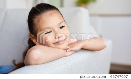 Cute Korean Girl Sitting On Sofa Relaxing At Home, Panorama 66747007