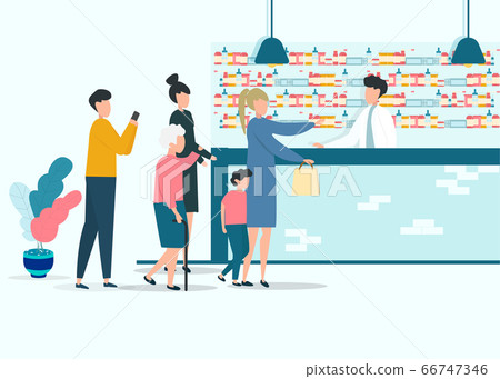 Pharmacy Concept. Vector Illustration Of Male Pharmacist Doctor And Customers In Drugstore 66747346
