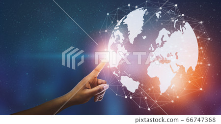 Global Network And Connection. Hand touching 3D world globe with polygonal wireframe Global Network And Connection. Hand touching 3D world globe with polygonal wireframe 66747368