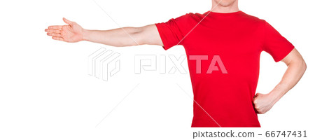 Man in red t-shirt stretched arm and fingers on Man in red t-shirt stretched arm and fingers on 66747431