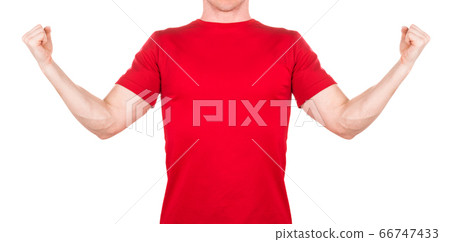 Front view of confident man in red t-shirt showing Front view of confident man in red t-shirt showing 66747433