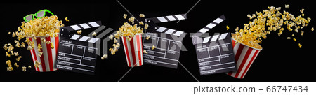 Flying popcorn and film clapper board isolated on Flying popcorn and film clapper board isolated on 66747434