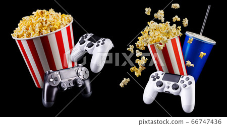 Flying popcorn and video game joystick gamepad 66747436