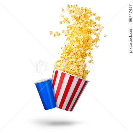 Paper striped bucket with popcorn and cup of soft Paper striped bucket with popcorn and cup of soft 66747437
