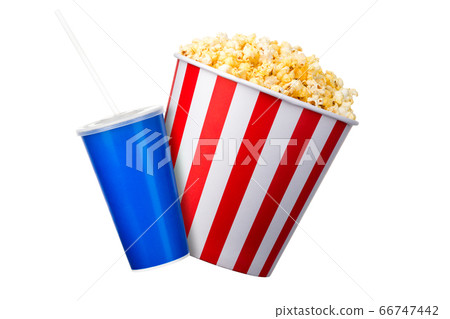 Paper striped bucket with popcorn and cup of soft 66747442
