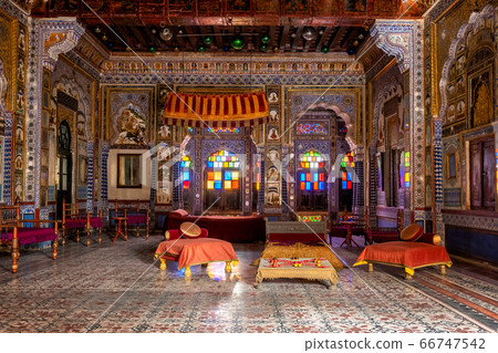 Takhat Vilas Maharaja Takhat Singh's Chamber room in Mehrangarh fort. Jodhpur, Rajasthan, India 66747542
