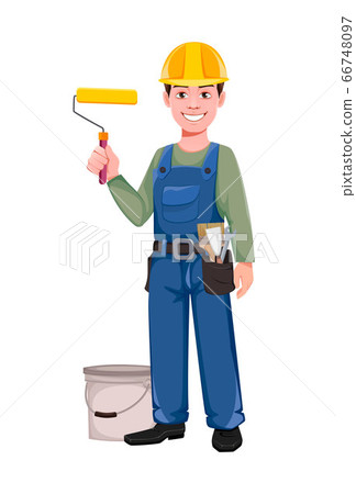 Painter cartoon character holding paint roller 66748097