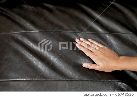 The woman's hand touching the surface of the sofa. 66748530
