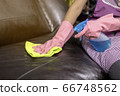 Woman wipe sofa with germicidal spray and wipe with towel. 66748562