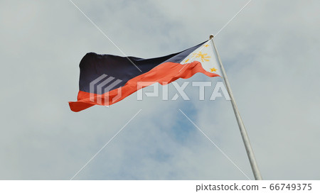 Flying bicolor flag of the Philippines with central golden sun representing the provinces and stars the islands. Flying bicolor flag of the Philippines with central golden sun representing the provinces and stars the islands. 66749375