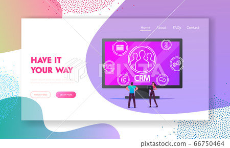 Crm System, Customer Relationship Management Landing Page Template. Business Development, Tiny Characters Analysing Clients Profile and Database at Huge Computer. Cartoon People Vector Illustration 66750464