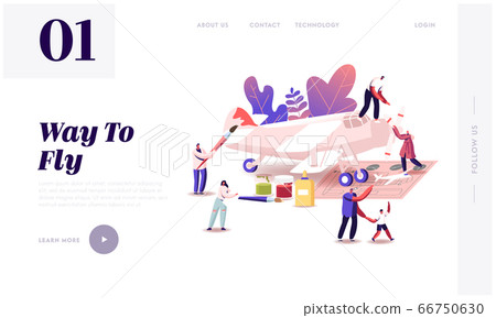 Aircraft Modeling Landing Page Template. Tiny Characters Assembling and Painting Huge Airplane Model, Put Propeller Using Scheme, Father and Son Creative Hobby. Cartoon People Vector Illustration 66750630