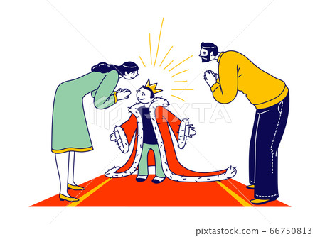 Spoiled Kid Concept. Parent Characters Admire with Child in Gold Crown on Head and Royal Mantle Standing on Red Carpet. Cockered Baby, Egoist Education, Little King. Linear People Vector Illustration 66750813