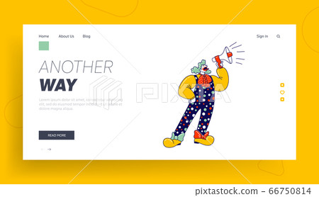 Big Top Tent Artist Announcement Landing Page Template. Animator Male Character in Funny Clown Suit, Huge Boots, Curly Green Wig and Red Neck Tie Yelling in Loudspeaker. Linear Vector Illustration Big Top Tent Artist Announcement Landing Page Template. Animator Male Character in Funny Clown Suit, Huge Boots, Curly Green Wig and Red Neck Tie Yelling in Loudspeaker. Linear Vector Illustration 66750814