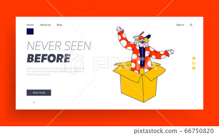 Clown Character Pop Up from Huge Box Landing Page Template. Big Top Circus Show Artist, Jester Performer, Entertainer in Funny Costume and Hat with Propeller and Fake Nose. Linear Vector Illustration 66750820