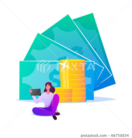 Pay Per Click, Contactless Payment, Cashless Noncontact Paying Concept. Tiny Female Character with Smartphone or Tablet in Hand at Huge Stacks of Golden Coins and Bills. Cartoon Vector Illustration 66750834