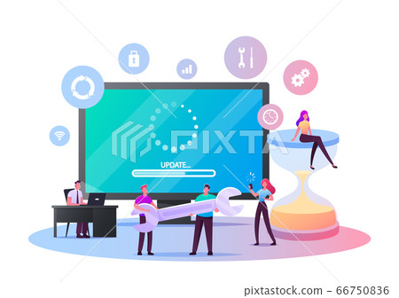 Update Software Application and Hardware Upgrade Technology Concept. Tiny Characters with Gadgets, Wrench and Hourglass at Huge Computer Screen with Updating Scale. Cartoon People Vector Illustration 66750836