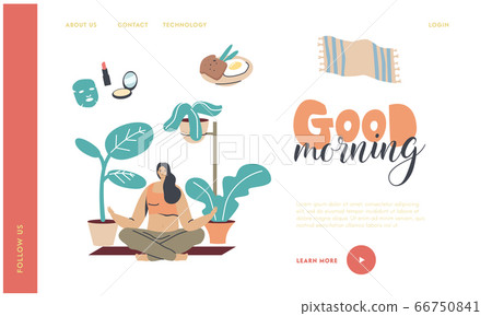 Yoga Class Practice, Healthy Lifestyle Landing Page Template. Young Woman Character Morning Meditation, Relaxation and Emotional Balance. Harmony with Nature and Mind. Linear Vector Illustration Yoga Class Practice, Healthy Lifestyle Landing Page Template. Young Woman Character Morning Meditation, Relaxation and Emotional Balance. Harmony with Nature and Mind. Linear Vector Illustration 66750841