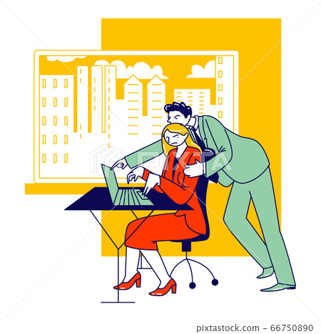 Sexual Assault, Harassment Concept. Male Character Company Boss Put Hand on Woman Shoulder at Workplace. Secretary Girl or Office Woman Victim of Lascivious Exaction. Linear People Vector Illustration Sexual Assault, Harassment Concept. Male Character Company Boss Put Hand on Woman Shoulder at Workplace. Secretary Girl or Office Woman Victim of Lascivious Exaction. Linear People Vector Illustration 66750890